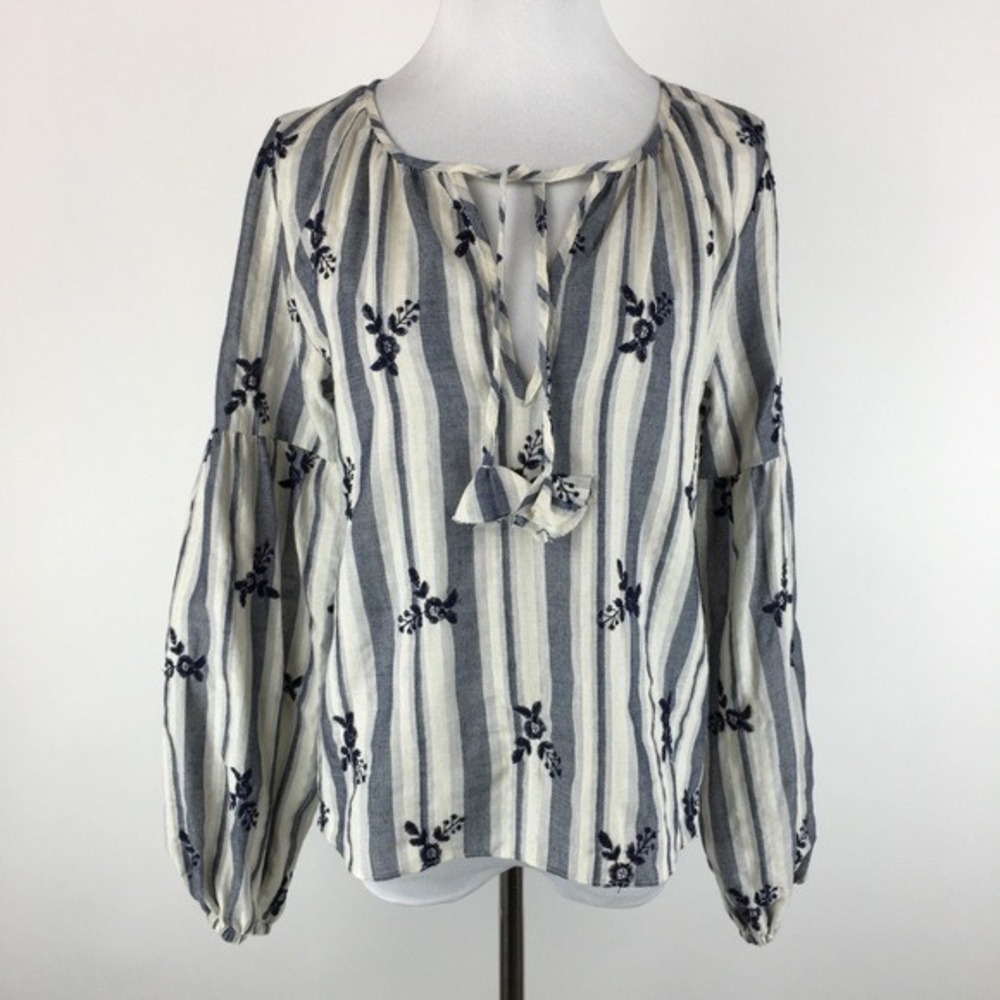 Misa Embroidered Cotton Boho Peasant Top Medium Blue Stripe Festival Blouse